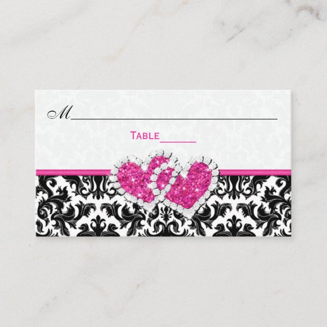 Black, White, Pink Joined Hearts Damask Place Card (Front)