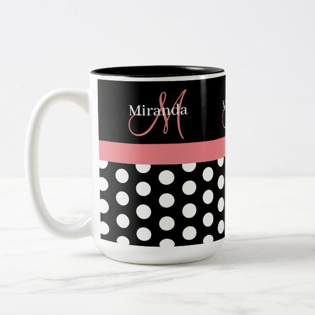 Black White Pink Monogram Polka Dot Two-Tone Coffee Mug (Left)