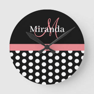 Black White Pink Monogram Polka Dot Watch Round Clock