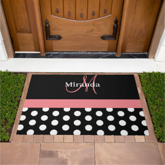 Black White Pink Monogram Script Polka Doormat