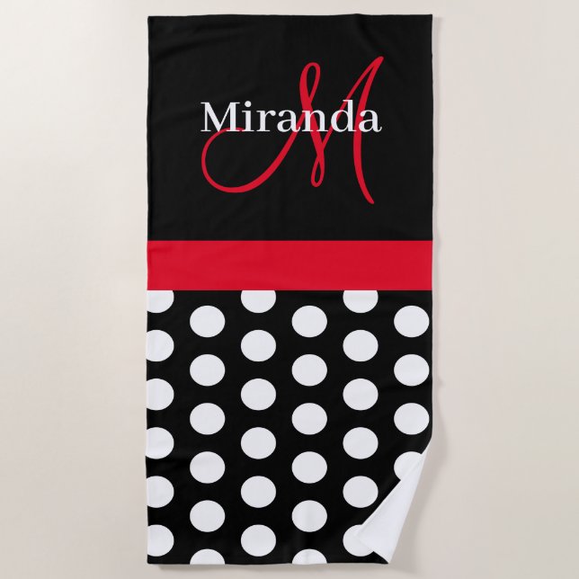 Black White Pink Monogram Script Polka Dot Beach Towel (Front)