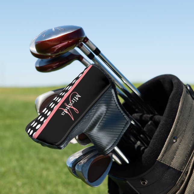 Black White Pink Monogram Script Polka Dot  Golf Head Cover (In Situ)