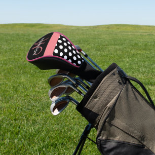 Black White Pink Monogram Script Polka Dot Golf Head Cover