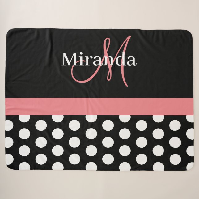 Black White Pink Monogram Script Polka Dot Sherpa Blanket (Front (Horizontal))
