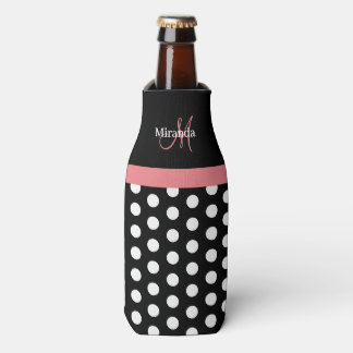 Black White Pink Monogram Script Polka Dots Bottle Cooler