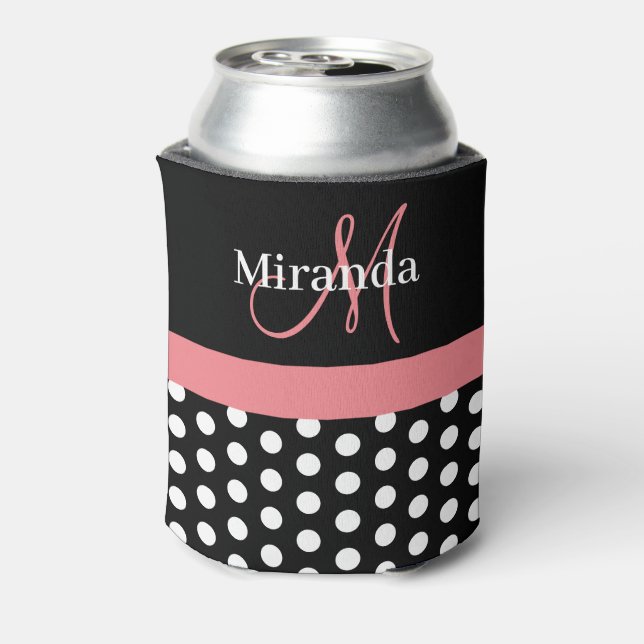 Black White Pink Monogram Script Polka Dots Can Cooler (Can Back)