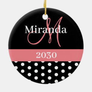Black White Pink Monogram Script Polka Dots Ceramic Ornament