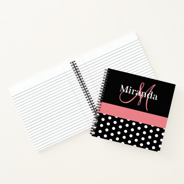 Black White Pink Monogram Script Polka Dots Notebook (Inside)