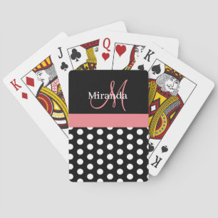 Black White Pink Monogram Script Polka Dots Playing Cards