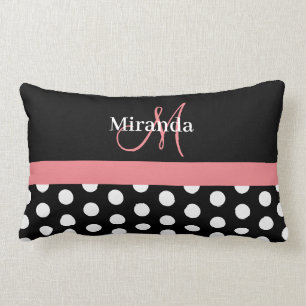 Black White Pink Monogram Script Polka Lumbar Cushion