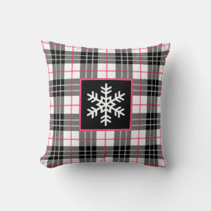 Black, White, Pink Plaid with Snowflake Pillow