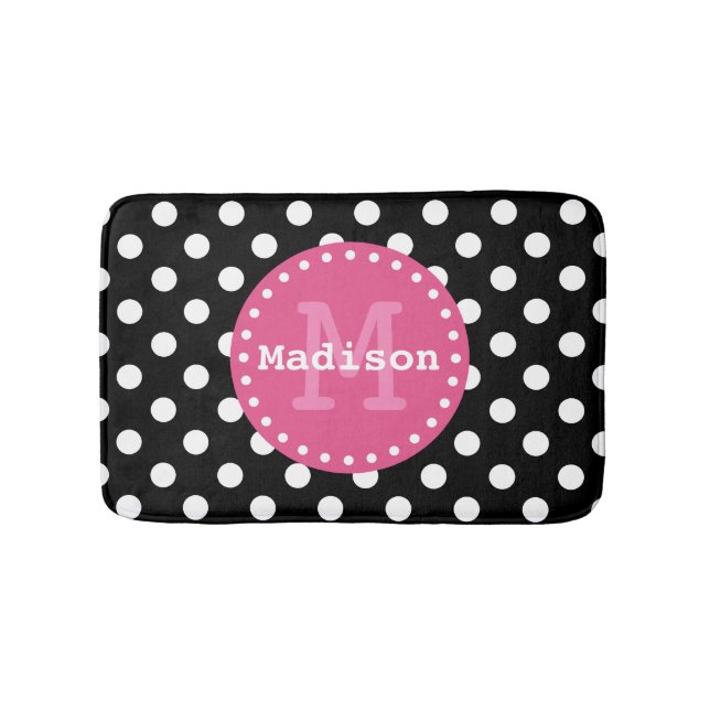 Black White Pink Polka Dots Monogram Bath Mat (Front)