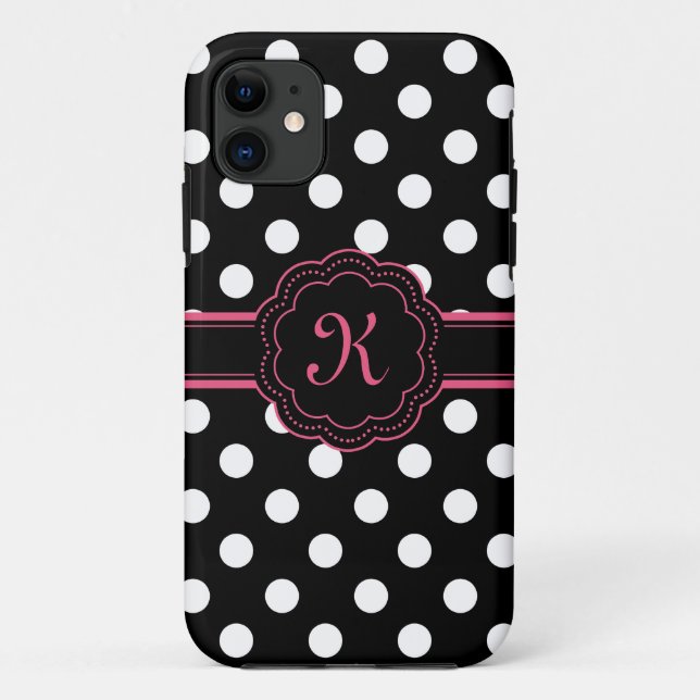 Black White Pink Polka Dots Monogram Case-Mate iPhone Case (Back)