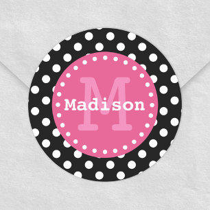 Black White Pink Polka Dots Monogram Classic Round Sticker