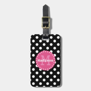 Black White Pink Polka Dots Monogram Luggage Tag