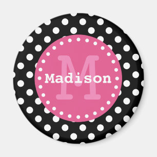 Black White Pink Polka Dots Monogram Magnet