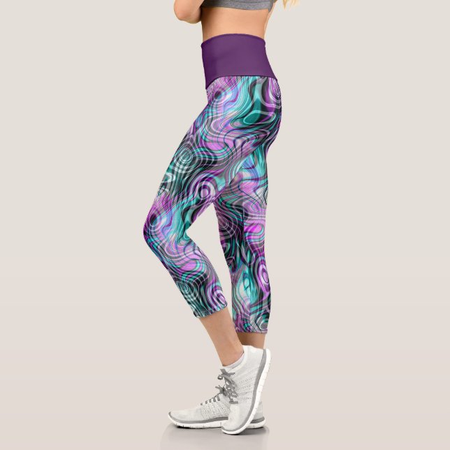 Black White Pink Purple Aqua Turquoise Fractals Capri Leggings (Left)