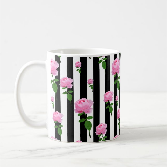 Black White Pink Rose Flower Stripes Lines Coffee Mug (Left)