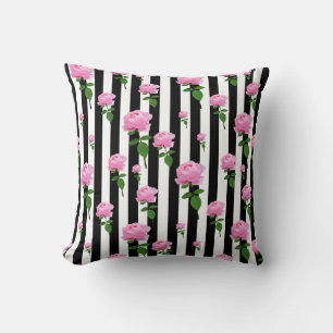 Black White Pink Rose Flower Stripes Lines Cushion