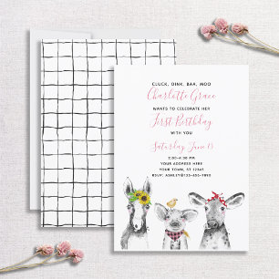 Black White Pink Script Farm 1st Birthday Party Invitation