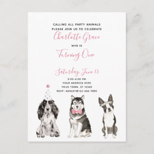 Black White Pink Script Girl's 1st Birthday Party Invitation Postcard