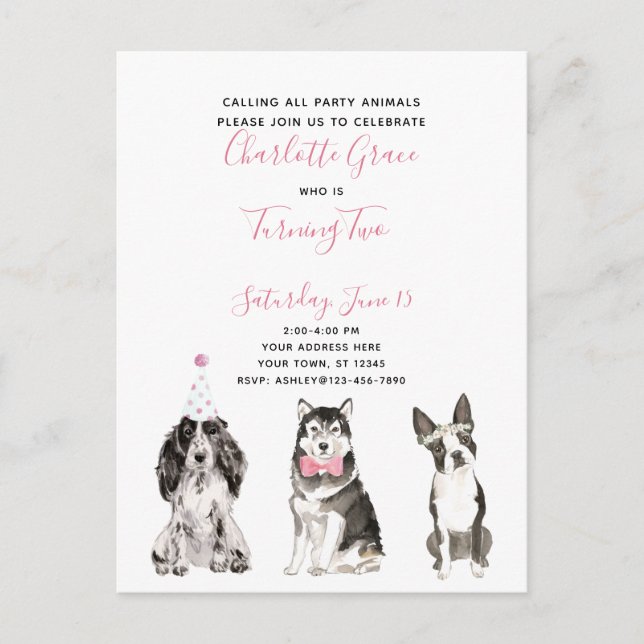Black White Pink Script Girl's 2nd Birthday Party Invitation Postcard (Front)