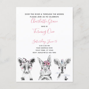 Black White Pink Script Woodland Birthday Party Invitation Postcard