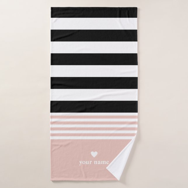 Black, White & Pink Striped Personalised Bath Towel Set (Bath Towel)
