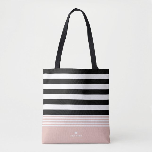 Black, White & Pink Striped Personalised Tote Bag (Front)