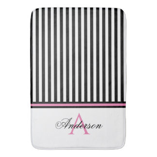 Black White Pink Stripes Monogram   Bath Mat