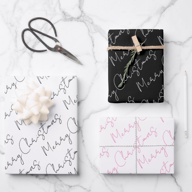 Black, white, pink typography Christmas holiday Wrapping Paper Sheet (Front)