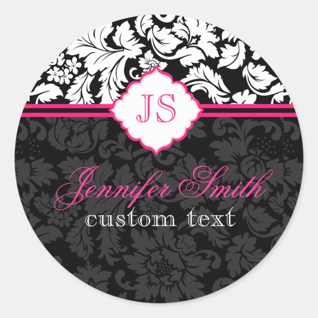 Black White & Pink Vintage Floral Damasks 2 Classic Round Sticker (Front)