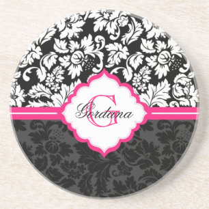 Black White & Pink Vintage Floral Damasks Coaster