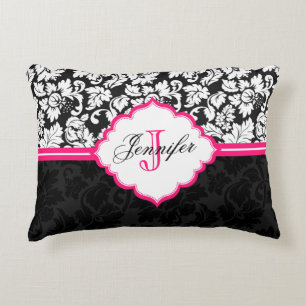 Black White & Pink Vintage Floral Damasks Decorative Cushion