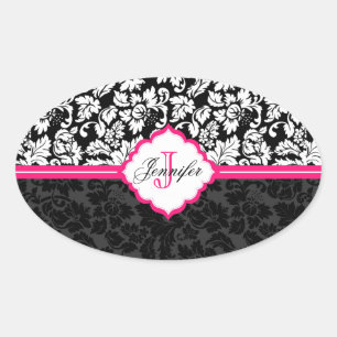 Black White & Pink Vintage Floral Damasks Oval Sticker
