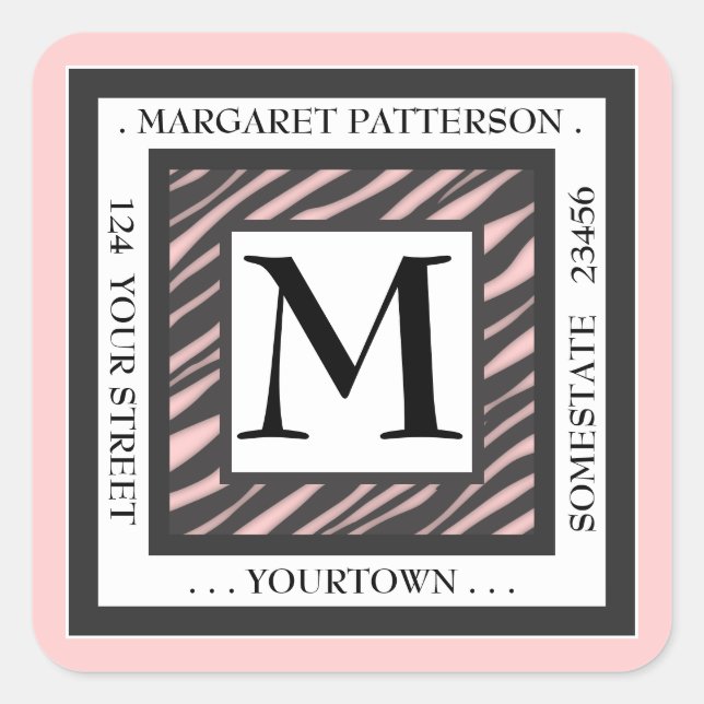 Black & White Pink Zebra Monogram Square Address Sticker (Front)