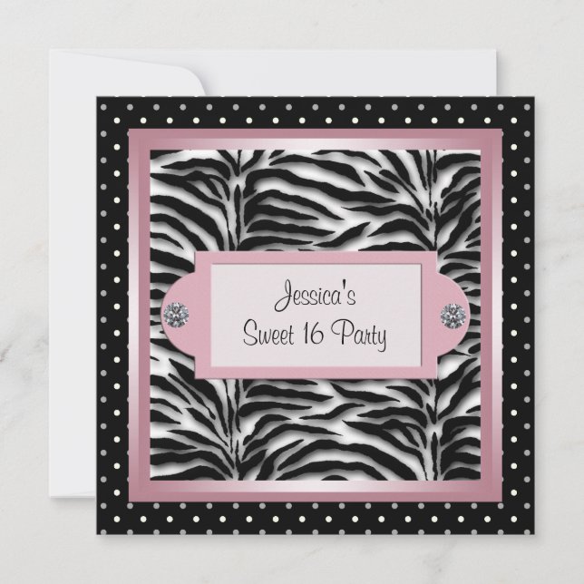 Black White Pink Zebra Sweet 16 Birthday Party Invitation (Front)