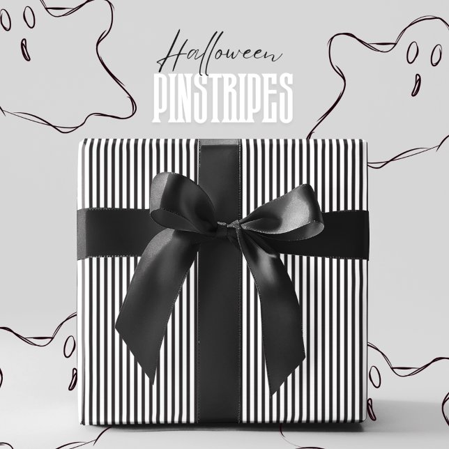Black & White Pinstripe Halloween Wrapping Paper (Elegant Halloween Pinstripes in Black and White Striped Pattern for Autumn Birthday & Fall Party)