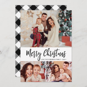 Black White Plaid 3 Photo Collage Christmas Card