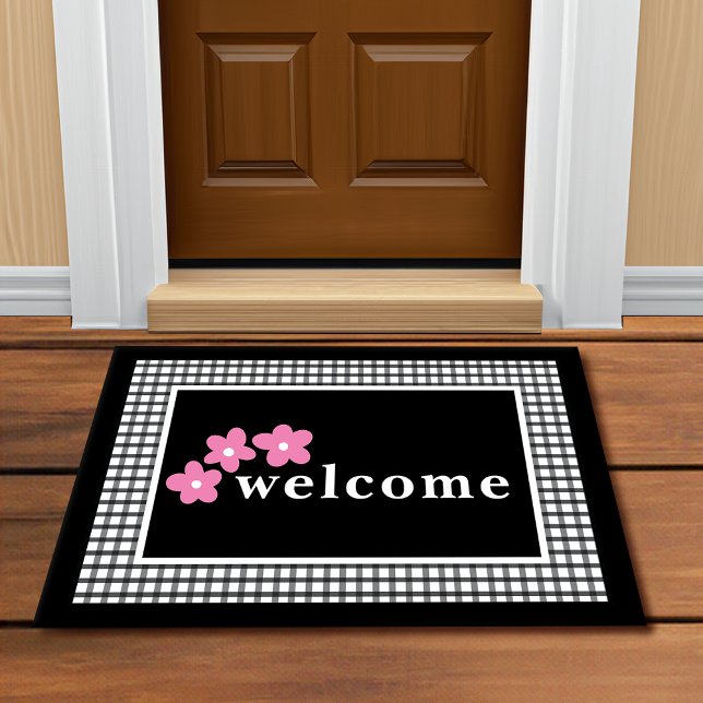 Black White Plaid Checks Floral Doormat (Creator Uploaded)