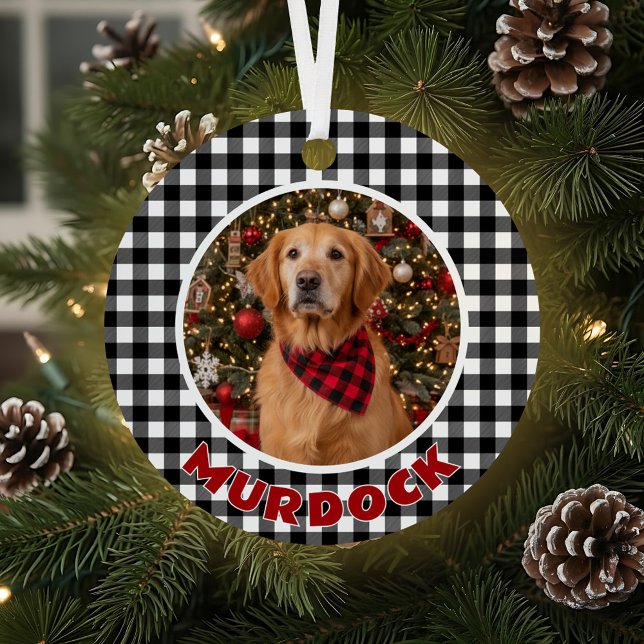 Black & White Plaid Christmas Personalised Pet Metal Tree Decoration (Creator Uploaded)
