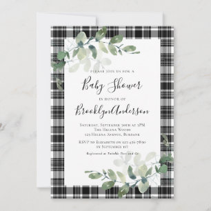 Black White Plaid Eucalyptus Baby Shower Invitation