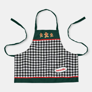 Black White Plaid Gingerbread Men Green Small Apron
