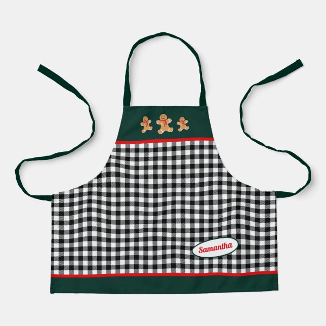 Black White Plaid Gingerbread Men Green Small Apron (Front)