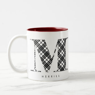 Black & White Plaid Letter M Two-Tone Coffee Mug