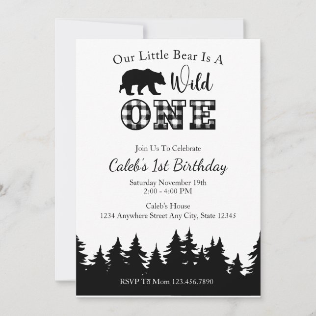 Black & White Plaid Lumberjack 1st Birthday Invitation (Front)
