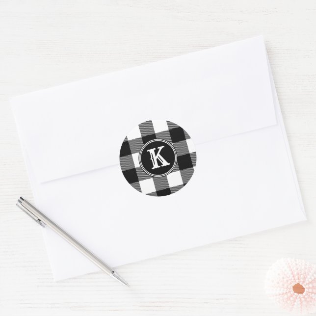Black White Plaid Monogram Classic Round Sticker (Envelope)