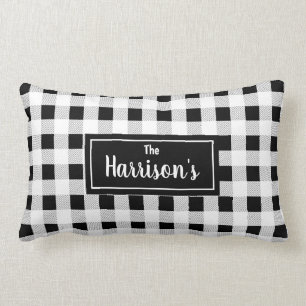 Black & White Plaid Monogram Lumbar Cushion