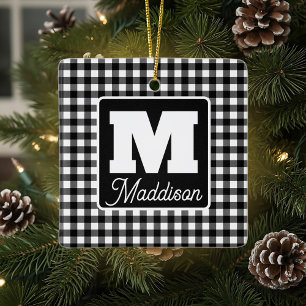 Black & White Plaid Monogram Name Christmas Ceramic Ornament