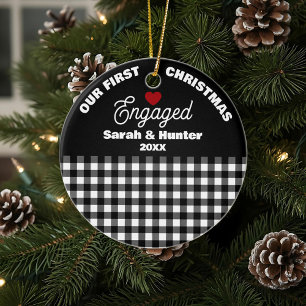 Black & White Plaid Our 1st Christmas Engaged Ceramic Ornament